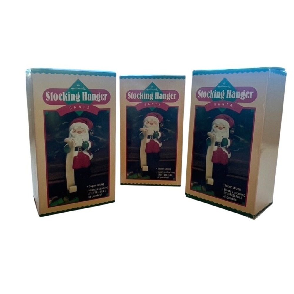 Vintage Hallmark Stocking Hanger Santa Christmas Decoration Set of 3 New in Box